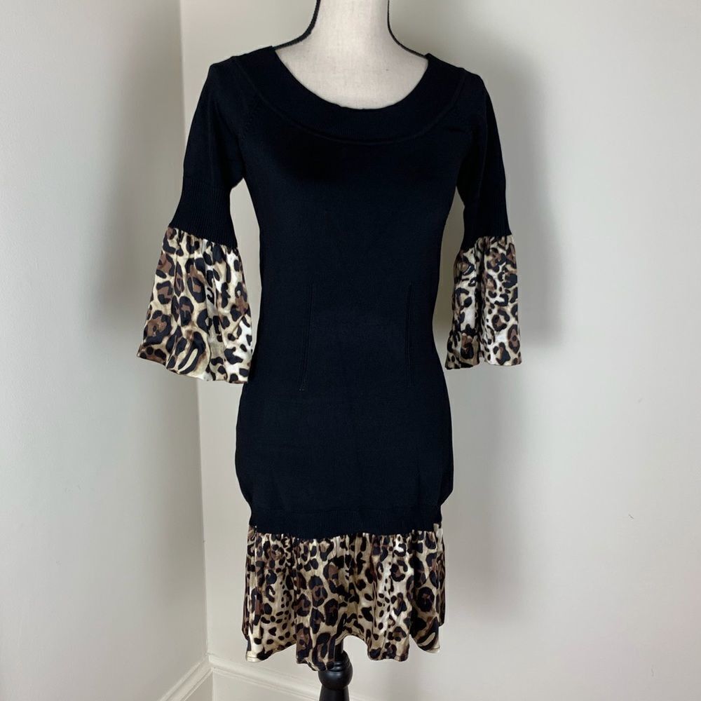 Bebe Rayon/Silk Black and Leopard Bell‎ Sleeve Knit Dress M EUC
